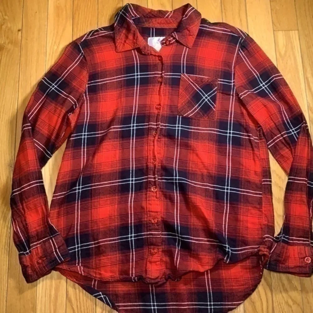 Justice Long Sleeve Button Front Pocket Shirt Girls 14/16 Red Black Plaid Xmas